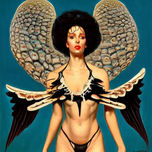 Image similar to upper body portrait of divine feminine muse, bikini made of bones, black wings, oil on canvas, hyper realism, Lovecraftian, by J. C. Leyendecker and boris vallejo, artstation, concept character art