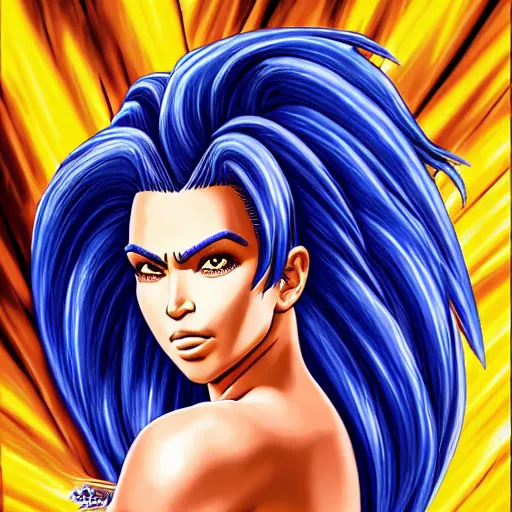 Image similar to ultra realistic portrait painting of kim kardashian as super saiyan, art by akira toriyama, 4 k, dragon ball artstyle, cel shaded, highly detailed, epic lighting