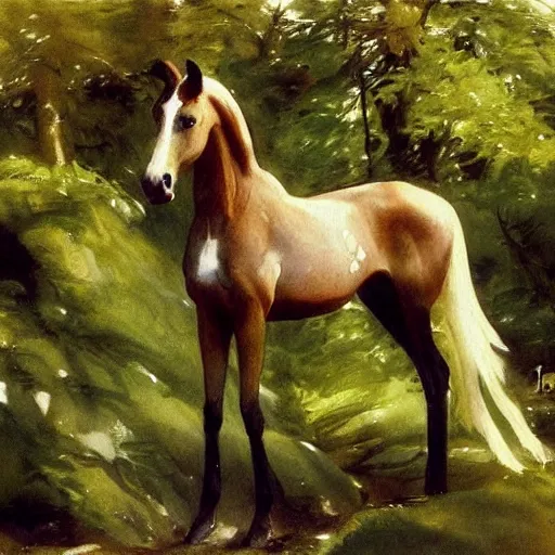 Image similar to A beautiful water painting of an elf Horse in the forest, John Singer Sargent