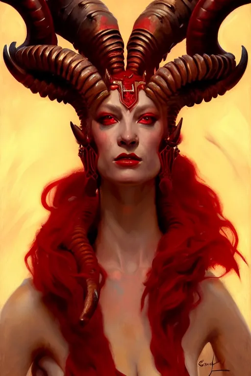 Image similar to painted close - up portrait of a very attractive red - skinned intimidating demon alien queen with ram horns! oil painting, wearing a noblewoman's outfit, fantasy art by john singer sargent and gaston bussiere and james jean and greg rutkowski, demon noble character design, hd