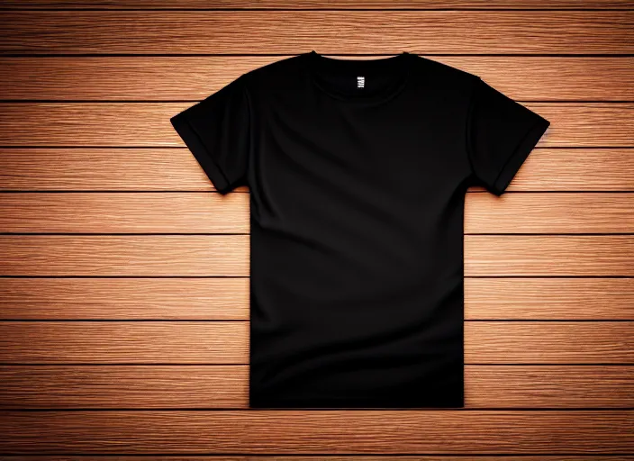 Prompt: clear highly detailed photorealistic mockup product photograph of a blank black tshirt on a wooden background