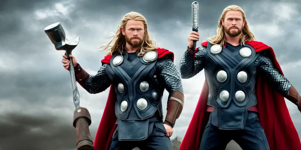 Prompt: Thor from the Avengers holding a toilet plunger instead of a hammer, cinematic pose