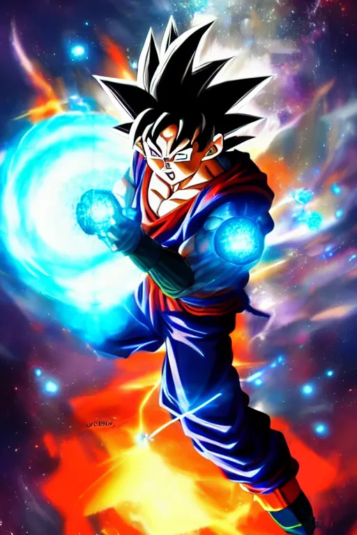 Image similar to goku got time stone and he travel through black hole, glowing effect, full body,magical effect, digital painting, by Stanley Artgerm Lau, Frank Frazzeta ,WLOP and Rossdraws, trending on artstation, SFW version