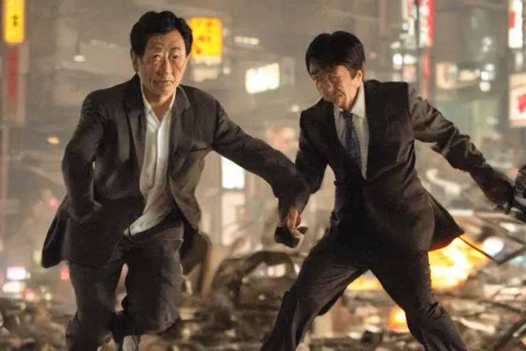 Image similar to cinematography action movie closeup portrait of a Japanese business man carrying his dog running from an explosion in Tokyo by Neil blomkamp