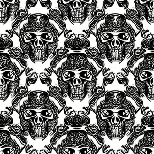 Image similar to seamless pattern showing skulls. black and white, drawing, white background, seamless, ornament.