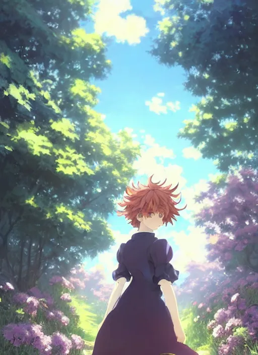 Prompt: Painting of a cottagecore witch with poofy curly strawberry hair in the style of Violet Evergarden, beautiful anime art style, winged eyelashes, countryside, calm, fantasy character portrait, dark outlines, dynamic pose, above view, sunny day, artwork by Makoto Shinkai, very coherent asymmetrical artwork, sharp edges, perfect face, simple form, 100mm