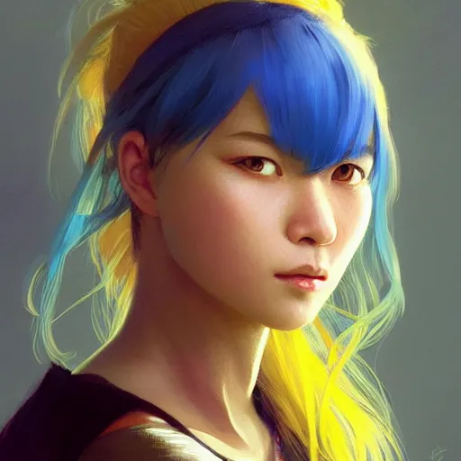 Image similar to filipino girl with blue - yellow hair and a nose band aid, highly detailed, digital painting, artstation, concept art, smooth, sharp focus, illustration, art by artgerm and greg rutkowski and alphonse mucha