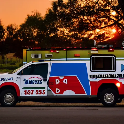 Image similar to mozzarella stick stealing a ambulance, sunset, 4 k photo, cinematic lighting,