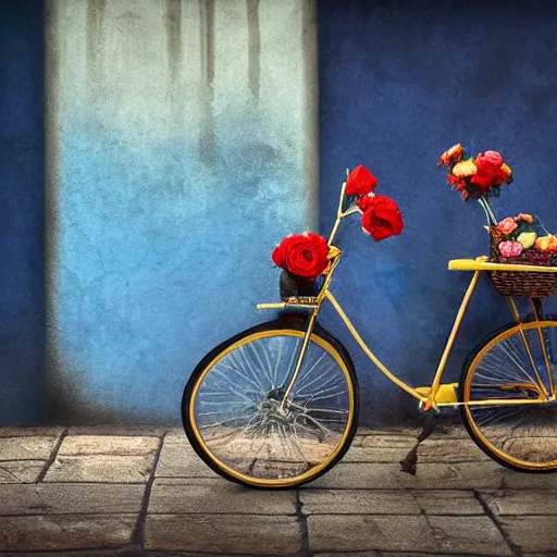 Image similar to a beautiful stunning fantasy digital matte painting of a vintage yellow Schwinn bicycle with a basket of red roses on the front propped up against a blue wall, docu-style photography painted in the style of Grzegorz greg rutkowski, nostalgic heart-warming, trending on artstation hq