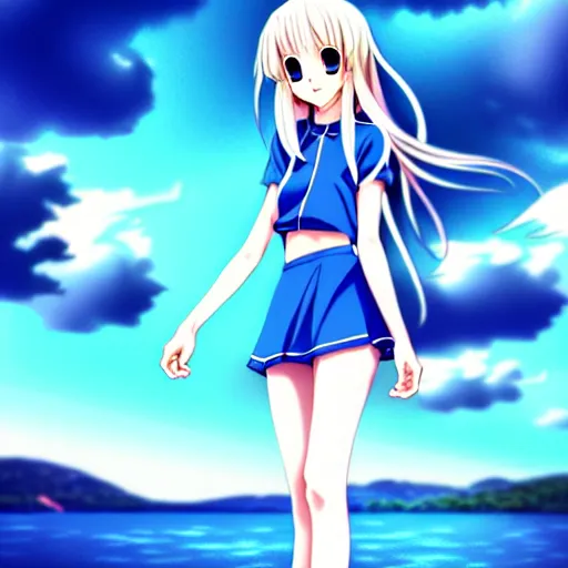 Image similar to a very beautiful anime cute girl, full body, long wavy blond hair, sky blue eyes, full round face, short smile, fancy top, miniskirt, front view, summer lake setting, storm weather, cinematic lightning, medium shot, mid-shot, highly detailed, cinematic wallpaper by Stanley Artgerm Lau