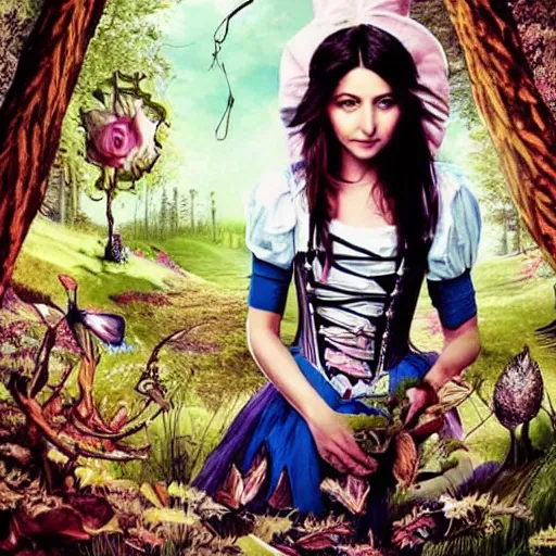 Image similar to anushka sharma as alice in wonderland. comic book style. gothic. forest background. hyperrealistic. artist android jones.