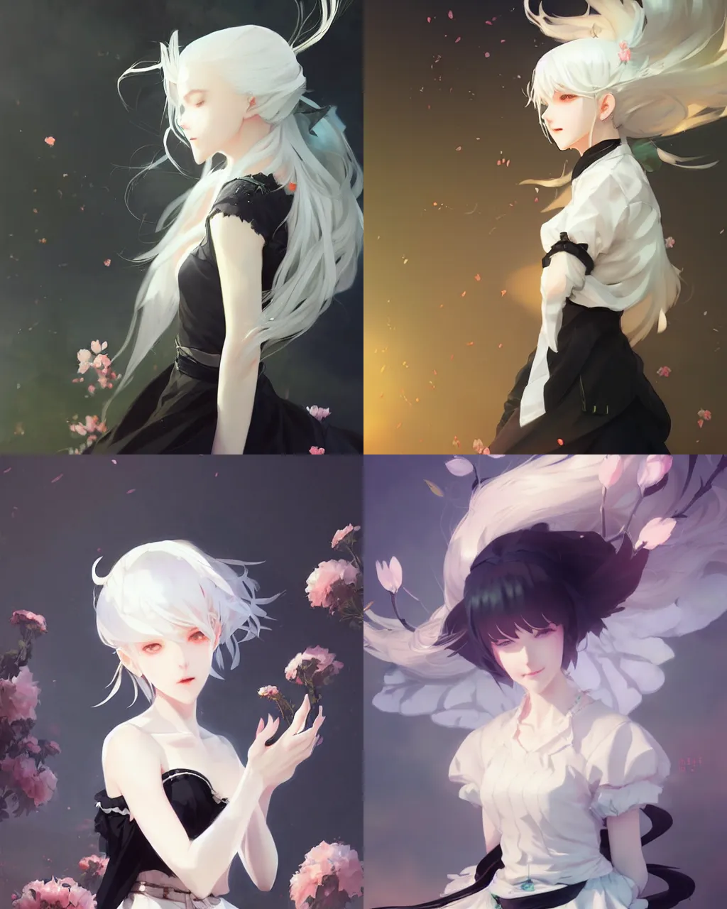 Image similar to a girl with white hair and black skirt, flower decoration on the background, a beautiful half body illustration, top lighting, perfect shadow, soft painting, art by hidari and krenz cushart and wenjun lin