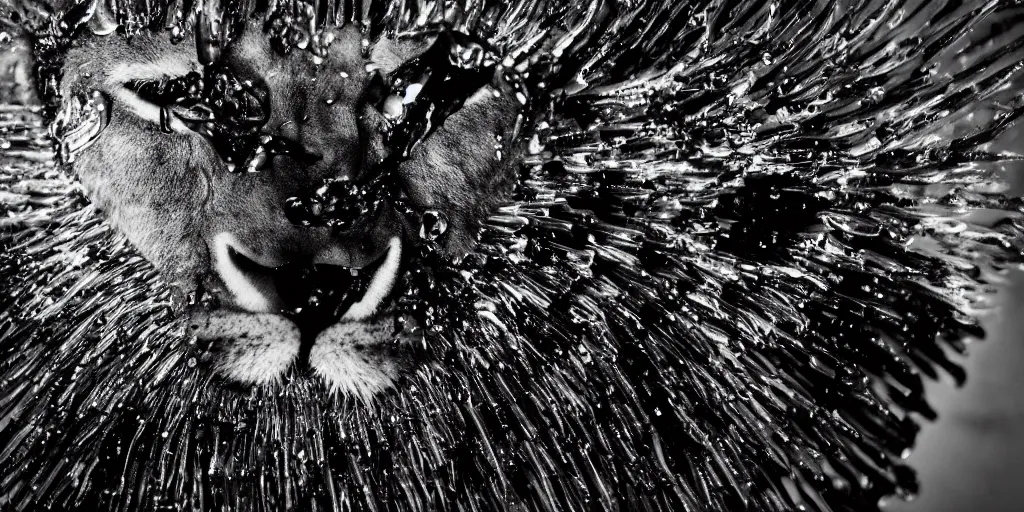 Image similar to a lioness made of ferrofluid bathing inside the bathtub full of ferrofluid at the photography studio, covered in dripping ferrofluid. dslr, wrinkles, ferrofluid, photography, realism, animal photography