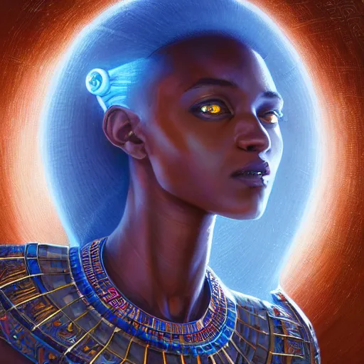 Image similar to highly detailed portrait of an african egyptian goddess, intricate alien technology, stephen bliss, unreal engine, fantasy art by greg rutkowski, loish, rhads, ferdinand knab, makoto shinkai and lois van baarle, ilya kuvshinov, rossdraws, tom bagshaw, global illumination, radiant light, detailed and intricate environment