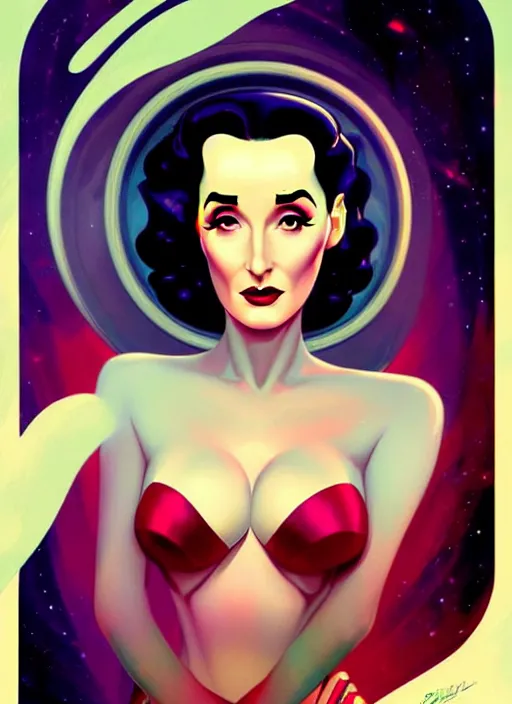 Prompt: a retro sci - fi pinup illustration of dita von teese in the style of anna dittmann and in the style of charlie bowater.