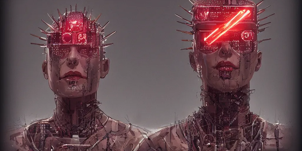 Image similar to four arms futuristic distopic detroy cyberpunk hellraiser tattoo cyborg clean design by apple , character sheet, Moebius, Greg Rutkowski, Zabrocki, Karlkka, Jayison Devadas, Phuoc Quan, trending on Artstation, 8K, ultra wide angle, zenith view, pincushion lens effect.