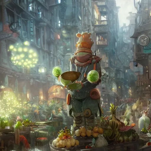 Prompt: a magical fight of vegetables as a magical creatures, cute, clean clear face,in a steampunk city by Greg rutkowski,sung Choi, photorealistic ,8k,cinematic lighting, hd, high detailed, atmospheric, trending on artstation