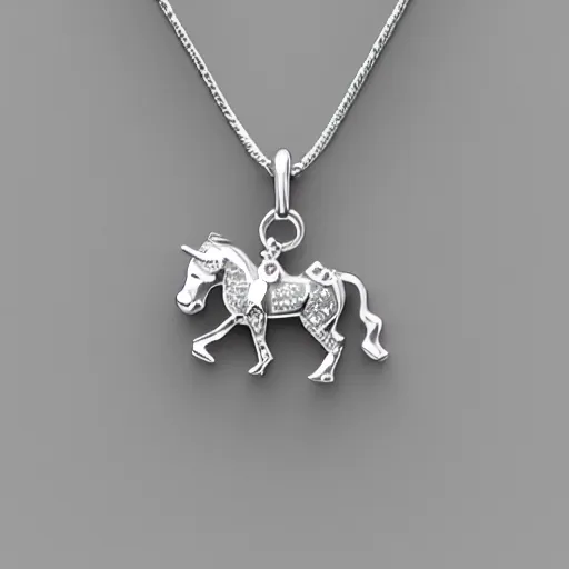 Image similar to a lovely cute silver cartoon unicorn necklace pendant, 3 d rendering, pandora style, tiffany style, swarovski style, van cleef & arpels style, cartier style, boucheron style, bulgari style, chaumet style, elegant, noble, stylish