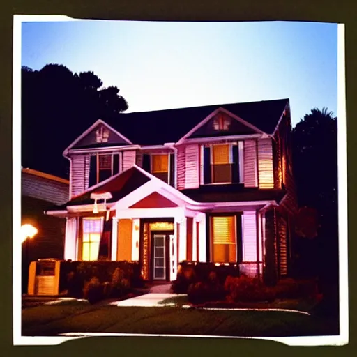 Prompt: disposable camera photo of a american suburban neighborhood in the middle of the night, aesthetician pleasing