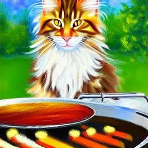 Image similar to beautiful impressionist painting of an ginger maine coon with a white beard cooking a bbq outside