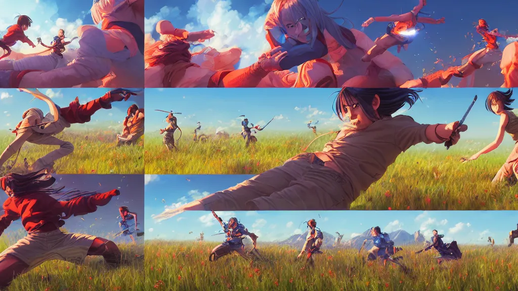 Image similar to highly detailed comic spread combination of art styles depicting an impactful action scene on open meadow clear sky with expert design fictional characters, bright colors, high color saturation, dynamic art by sakimi, moebius, makoto shinkai, murata, james jean, craig mullins, digital painting, masterpiece, best selling, pixiv, volumetric lighting, realistic shaded lighting