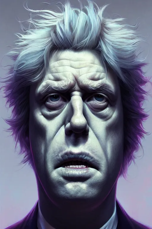 Image similar to Boris Johnson as Rick Sanchez, realistic portrait, symmetrical, highly detailed, digital painting, artstation, concept art, smooth, sharp focus, illustration, cinematic lighting, art by artgerm and greg rutkowski and alphonse mucha