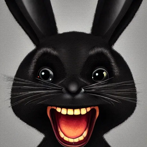 Image similar to A extremely highly detailed majestic hi-res beautiful, highly detailed head and shoulders portrait of a scary terrifying, horrifying, creepy black cartoon rabbit with scary big eyes, laughing in the style of Walt Disney