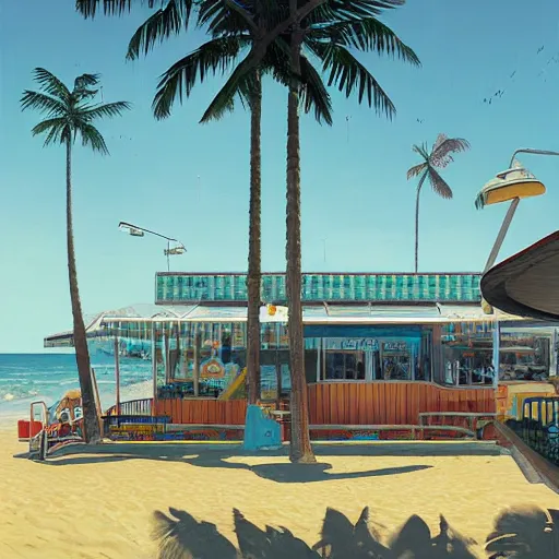 Image similar to inside beachfront fast food restaurant with palm trees by simon stalenhag