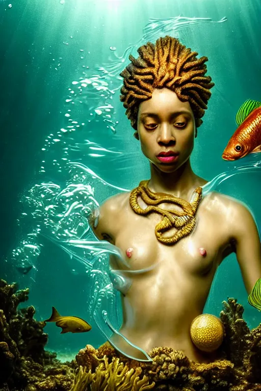 Image similar to hyperrealistic neo - rococo cinematic half underwater scene with fish and algae, very expressive! translucent elegant african goddess getting out of water, gold jewerly, highly detailed face, digital art masterpiece, aykut aydogdu zener, dramatic volumetric light, long shot, low angle uhd 8 k, sharp focus