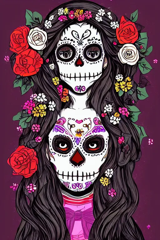 Prompt: illustration of a sugar skull day of the dead girl, art by mokoto shinkai