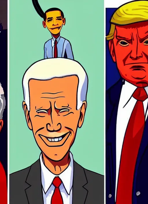 Prompt: : obama trump and biden as Twin Peaks character designed by Rumiko Takahashi