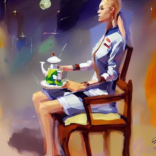 Prompt: a giraffe dressed like an astronaut drinking tea with queen isabel, trending on artstation, art by greg manchess, guangjian, detailed digital art, artstation hd