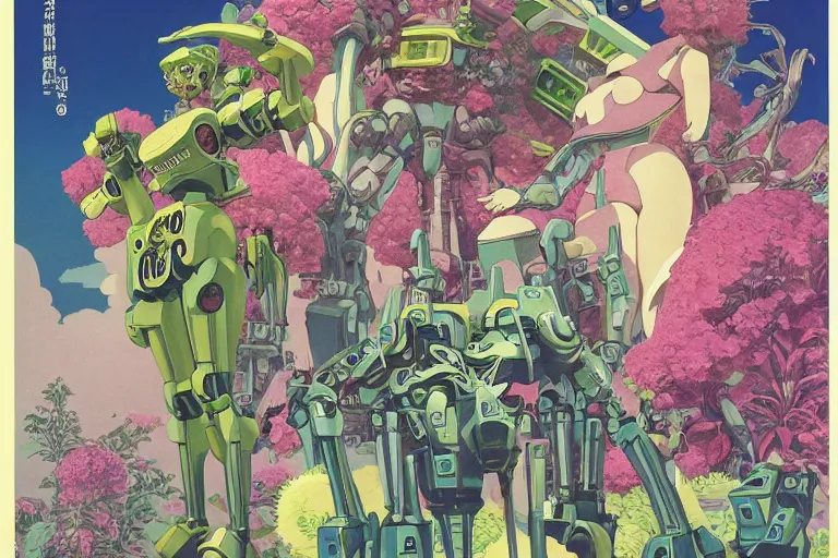 Image similar to gigantic woman, a lot of exotic vegetation around, trees, huge mecha robot, flowers, risograph!, omnious, dark, oldschool vintage sci - fi flat surreal design, super - detailed, painting by moebius and satoshi kon and jodorowski and katsuhiro otomo and kim jung gi, hd, 4 k, high quality