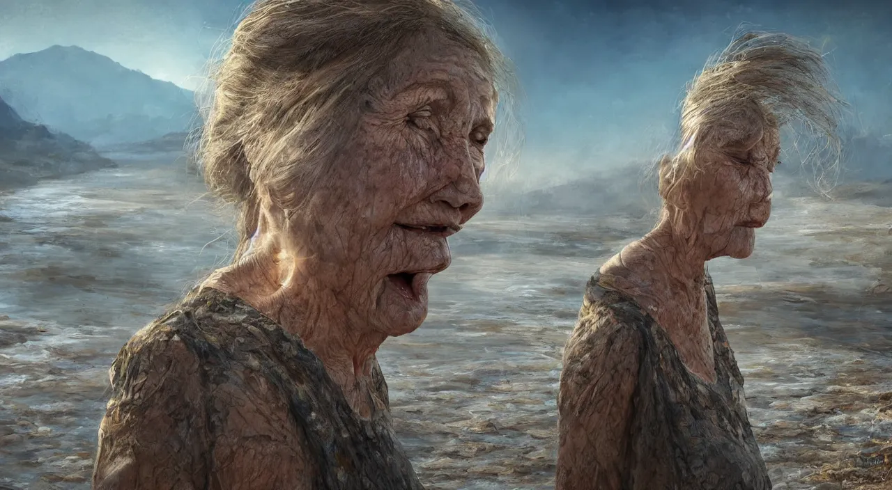 Image similar to Giant 65-year-old giant Gaia woman crying as she's dying on a dried up river in a desolate land, blue sky, hot and sunny, highly-detailed, elegant, dramatic lighting, artstation, 4k, cinematic landscape