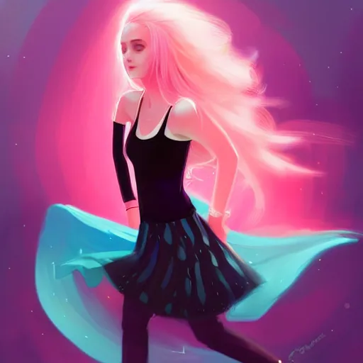 Image similar to colorful and festive captivating teenager girl with pink hair, cyan top crop, black skirt, black leggings, cute look. rich vivid colors, ambient lighting, dynamic lighting, 4 k, atmospheric lighting, painted, intricate, highly detailed by charlie bowater