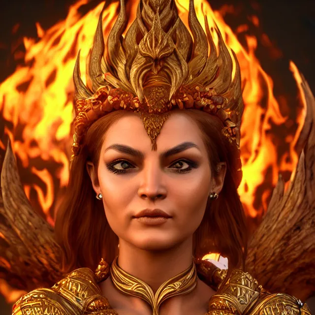 Image similar to perfectly centered close up portrait of goddess of fire, perfect human female specimen, candid photography, by anne stokes and todd mcfarlane, updo, highly detailed, unreal engine 5