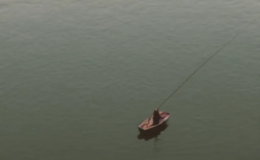 Prompt: cinematic still screenshot detailed photo of a moody lake with a rope floating in the center, shot by saul leiter, camera height 7 feet, moody cinematography, 2 4 mm anamorphic lens