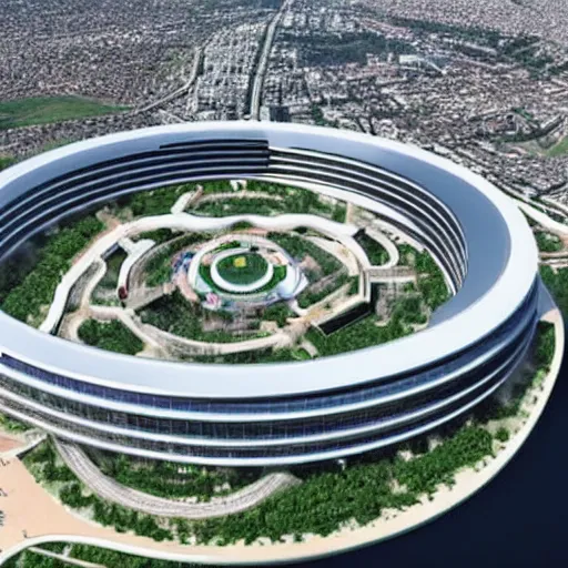 Image similar to The Apple Parc as a giant ring-shaped space station encircling a modern city floating above the city, the ring is horizontal, surrounding the city, cinematic