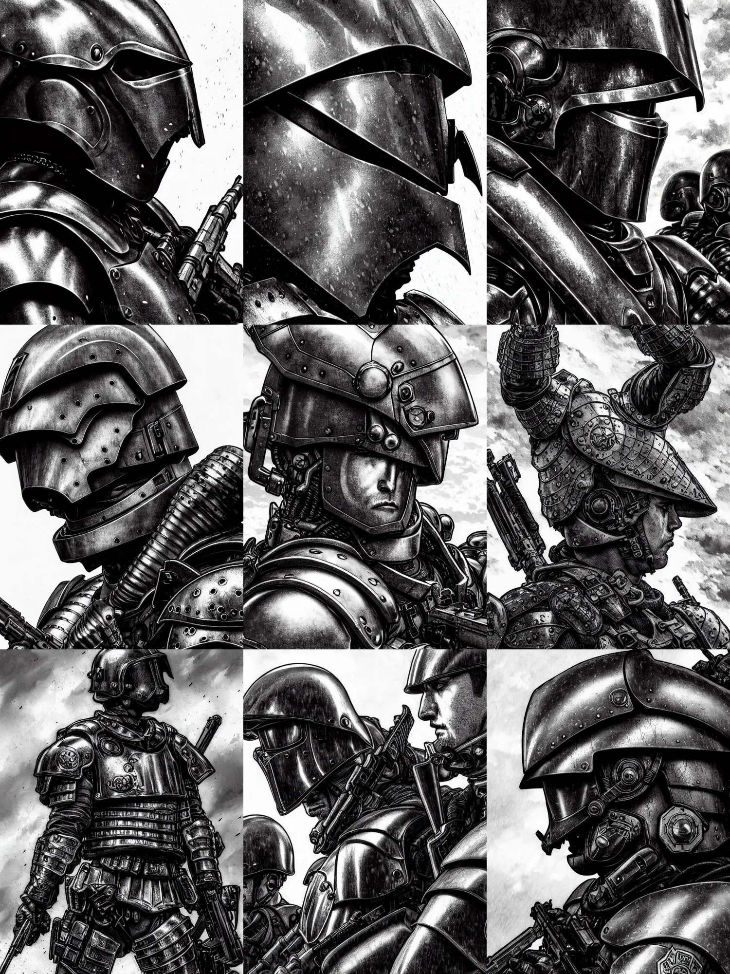Prompt: close up picture of a special force looking at the sky, angry, sad, rugged, black plate armor, black and white, highly detailed, detailed face, chiaroscuro, manga illustration, artgerm, greg rutkowski, alphonse mucha, takehiko inoue, kentaro miura, light novel cover art