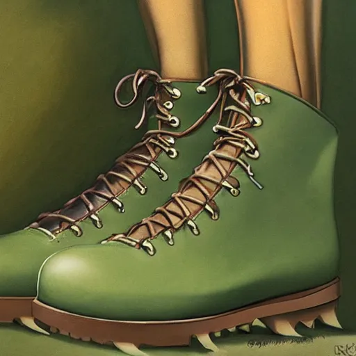 Image similar to water resistant green hiking boots, by Craig mullins, Steve Purcell, Ralph McQuarrie. Design. Fashion. Trending on artstation. Centered image, no background