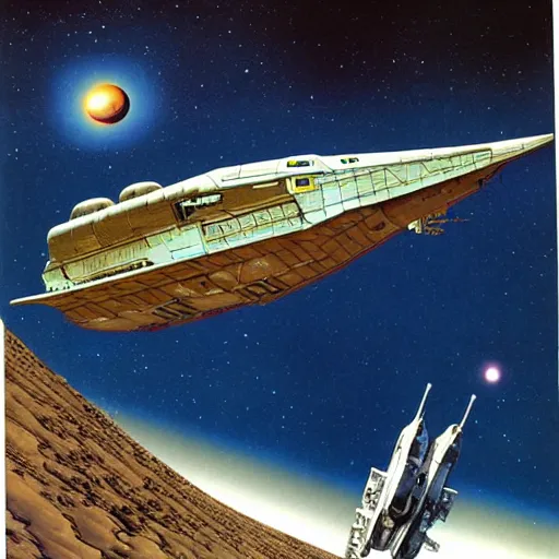 Image similar to scout spaceship with 100-ton hull used for exploration survey and courier duties, peter elson, chris foss, john berkey, tony roberts, jim burns, don davis