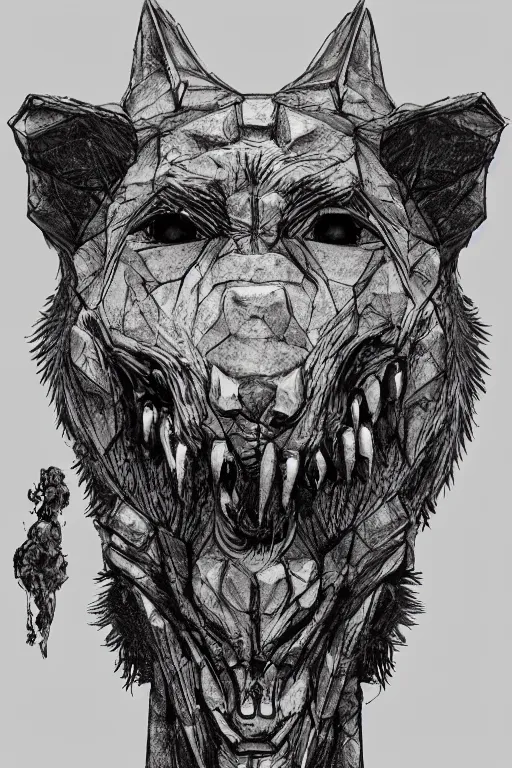 Prompt: portrait of hexagon shaped gnoll head and shoulders with single centered giant bloodshot eye, in the style of Greg Broadmore and Arthur Rackham,trending on artstation, light lighting side view,digital art,surrealism ,macro,blueprint ,vaporwave ,