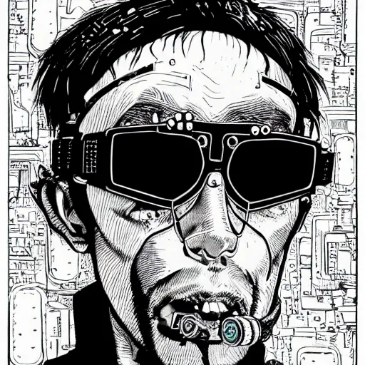 Prompt: close up portrait of a cyberpunk goth guy wearing goggles and eccentric jewelry, by geof darrow, geof darrow art,