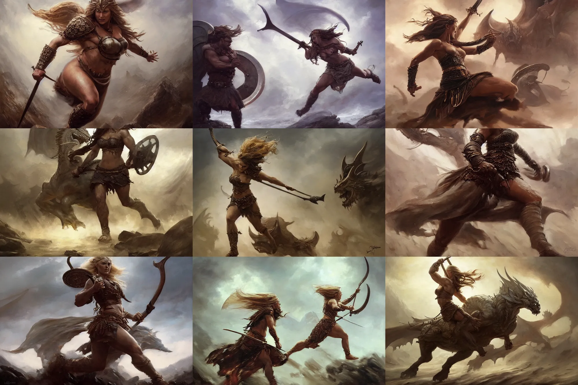 Prompt: A beautiful oil painting of a viking woman sprinting into battle, by Lucas Graciano, Frank Frazetta, Greg Rutkowski, Boris Vallejo, epic fantasy character art, goddess of war, high fantasy, Exquisite detail, post-processing, low angle, masterpiece, cinematic, colossal dragon as background