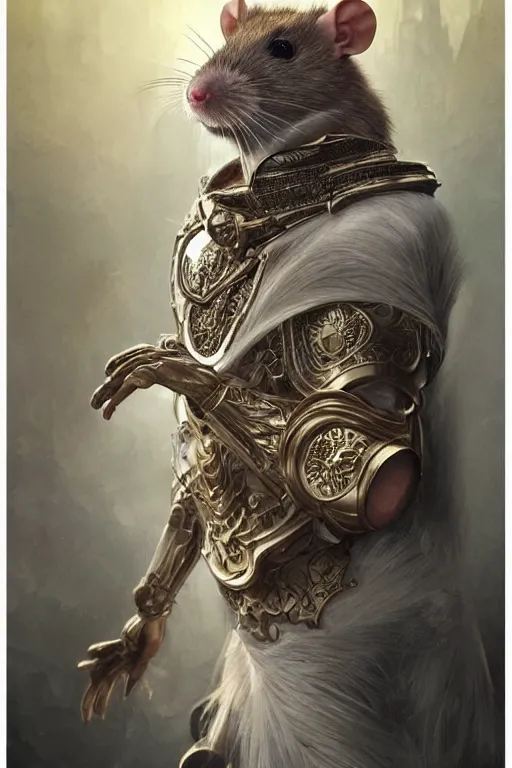 Image similar to photorealistic portrait photograph of a humanoid rat as a glorious regal space king, sleek outfit, upper body, fantasy, handsome, depth of field, soft focus, highly detailed, intricate, realistic, national geographic cover, soft glow, textured, artstation, concept art, sharp focus, illustration, art by artgerm and greg rutkowski and alphonse mucha