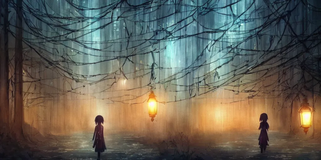 Prompt: anime, incredible wide screenshot, ultrawide, watercolor, paper texture, intricate, very detailed, ghost in the shell movie scene, girl in a dress walking the beautiful forest town, lanterns, wood bridges, night outdoors, fireflies, fog, dust