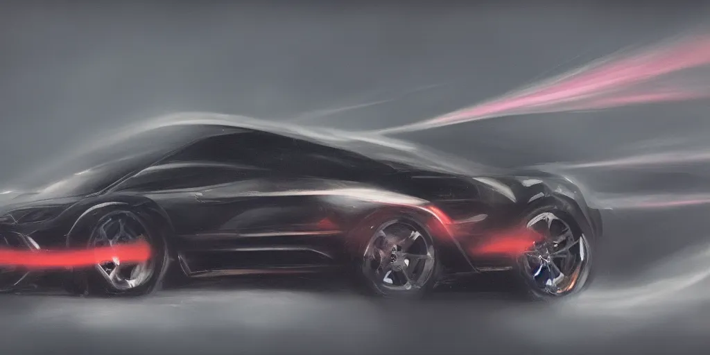 Image similar to full view of a single sport car, surrounded in a detailed smoke, driver leaning on the car, busy wet street at night, painted in dark color holographic pearlescent, elegant, digital painting, concept art, smooth, sharp focus, art style from Wang Ke and Greg Rutkowski and Bruce Kaiser and Scott Robertson and Dmitry Mazurkevich and Doruk Erdem and Jon Sibal, small style cue from Mad Max