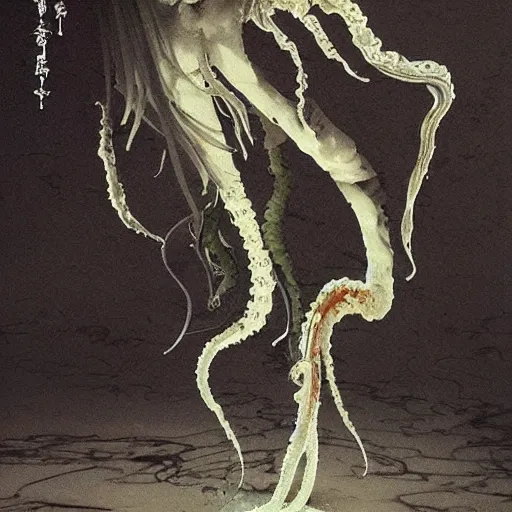 Image similar to an anime by yuji ikehata, of an ethereal ghostly wraith like figure with a squid like parasite latched onto its head and long tentacle arms that flow lazily but gracefully at its sides like a cloak, anime, vhs, grainy