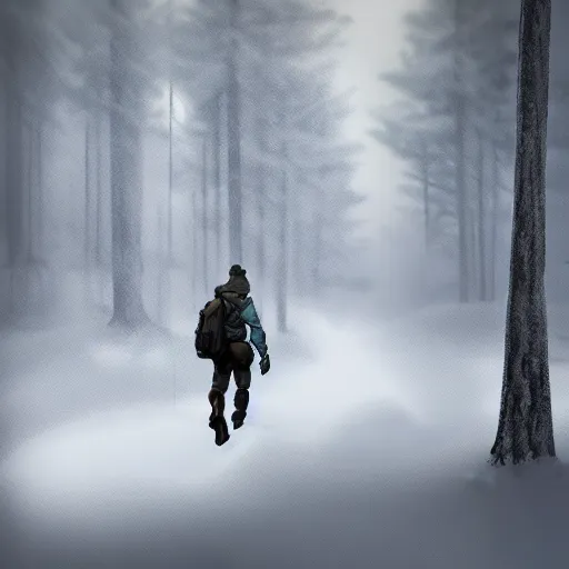 Image similar to A lone adventurer in a snowy forest, digital painting, concept art, 3d with depth of field, sharp focus, 8k, by Barret Frymire