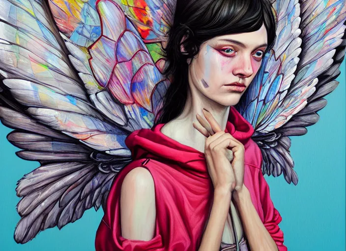 Prompt: a painting by martine johanna of a fairy with big wings wearing a hoodie standing in a township street in the style of jenny saville, street fashion outfit, haute couture fashion shoot, fairy, d & d, fantasy sticker illustration, artstation